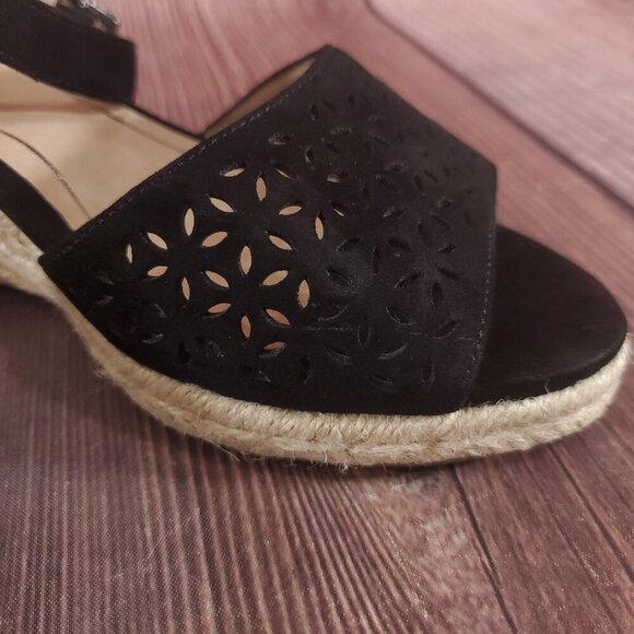 Vionic Ariel Womens Sz 7.5 Wide Black Suede Ankle Strap Wedge Espadrille Sandals - Picture 4 of 15